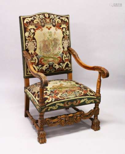 A 19TH CENTURY CARVED BEECH FRAMED ARMCHAIR, with tapestry upholstery.