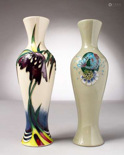 TWO SLENDER MOORCROFT POTTERY VASES. 2000, No. 871 and 2014. 8ins high.