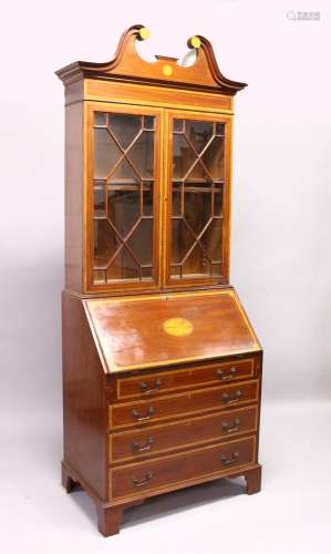 AN EDWARDIAN MAHOGANY AND SATINWOOD INLAID BUREAU BOOKCASE, with swan neck pediment, pair of