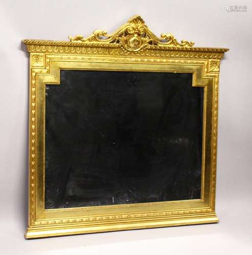 A GILT FRAMED OVER MANTLE MIRROR.