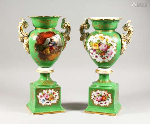 A PAIR OF CONTINENTAL PORCELAIN PEDESTAL VASES painted with figures in an interior and flowers to