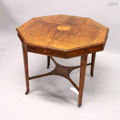 A LATE VICTORIAN ROSEWOOD OCTAGONAL SHAPED CENTRE TABLE, with inlaid decoration, tapering square