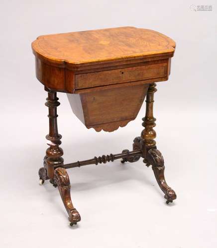 A VICTORIAN WALNUT COMBINATION GAMES/WORK TABLE, with folding top revealing chess, backgammon and