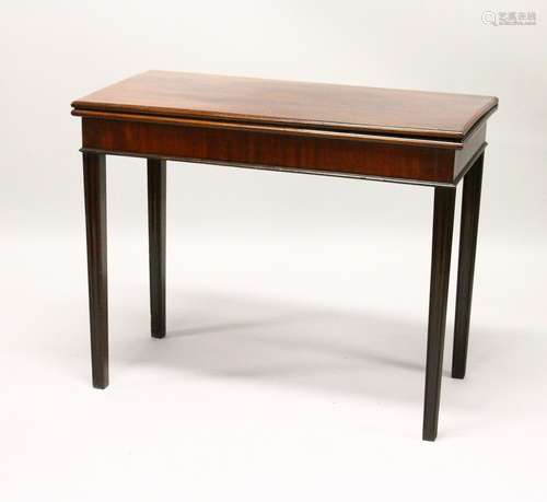 A GEORGE III MAHOGANY RECTANGULAR FOLD-OVER CARD TABLE, on moulded square legs. 3ft 1ins wide x