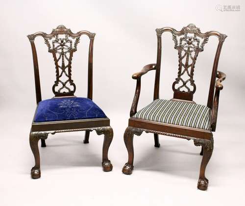 A GOOD SET OF EIGHT CHIPPENDALE STYLE MAHOGANY DINING CHAIRS, TWO WITH ARMS, all profusely carved,