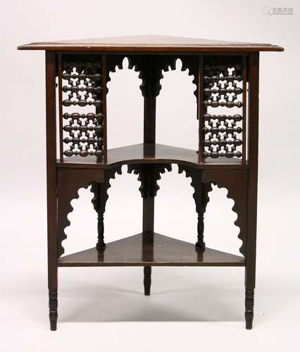 A SMALL MAHOGANY FREESTANDING CORNER SHELF, in the Liberty/Eastern style, with two shelves and