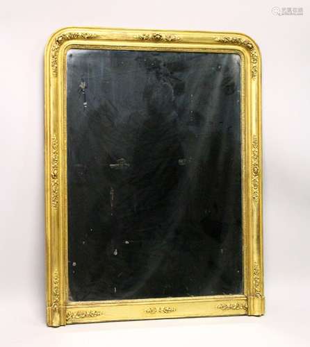 A 19TH CENTURY GILT FRAMED OVER MANTLE MIRROR. 4ft 3ins x 3ft 4ins.