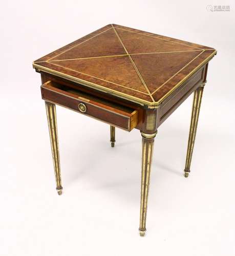 PAUL SORMANI, A GOOD 19TH CENTURY MAHOGANY AND BRASS BOUND ENVELOPE CARD TABLE, with baize lined