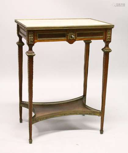 A LATE 19TH CENTURY/EARLY 20TH CENTURY FRENCH MAHOGANY, ORMOLU AND MARBLE SIDE TABLE, with a