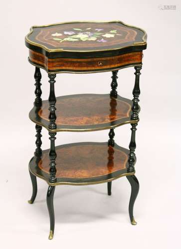 A 19TH CENTURY FRENCH KINGWOOD, EBONY AND BRASS MOUNTED THREE TIER WORK TABLE, of serpentine