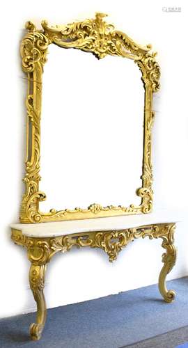 A SUPERB LARGE 18TH-19TH CENTURY ITALIAN CARVED AND GILDED CONSOLE AND MIRROR, the mirror carved