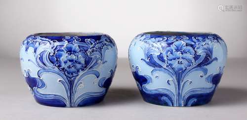 A VERY GOOD PAIR OF MOORCROFT POTTERY FLORIAN WARE BULBOUS BOWLS, blue ground. Printed Florian