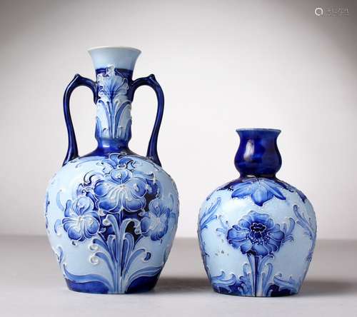 TWO MOORCROFT POTTERY FLORIAN WARE VASES, blue ground. Printed Florian ware mark, WM in green, No.