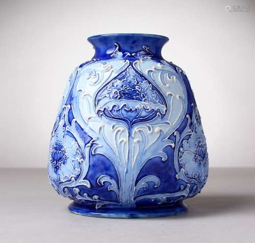 A GOOD MOORCROFT POTTERY FLORIAN WARE VASE, blue ground. Printed Florian ware mark, Impressed WM,