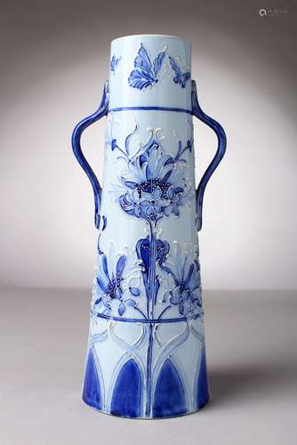 A GOOD MOORCROFT POTTERY FLORIAN WARE TWO-HANDLED TAPERING VASE, blue ground. Printed Florian ware