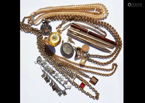 A collection of costume jewellery, including a silver padlock charm bracelet, a gilt metal lady~s