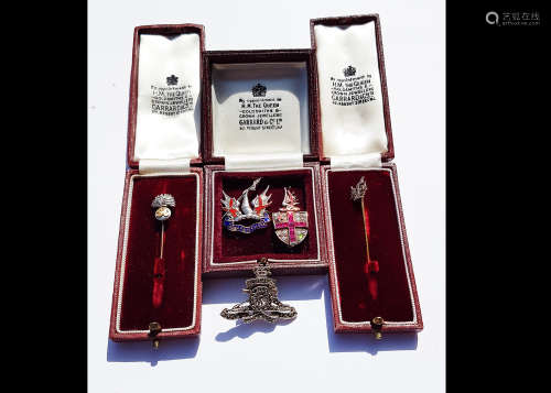 A collection of Honourable Artillery Company and City of London brooches and stick pins, in 9ct gold