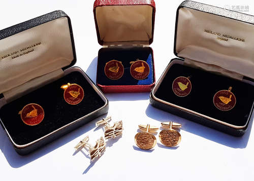A set of three farthing cufflinks, a pair of silver gilt oval cufflinks and a textured silver set,