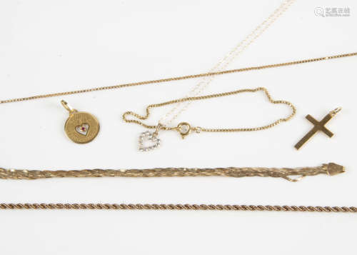 A collection of miscellaneous gold, including an 18ct gold ~forever~ pendant set with red stone, a