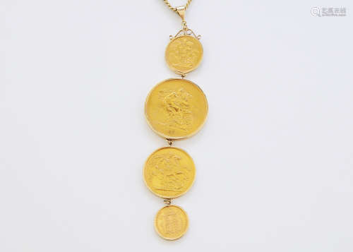 An impressive four Victorian gold coin pendant necklace, each of the coins dated 1887, VF, in a