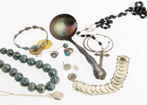 A collection of Mexican silver and turquoise jewels, including a graduated bead necklace, various