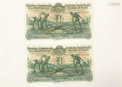 A pair of rare Irish 1930s bank notes, issued by The Munster & Leinster Bank Limited and dated 4-5-