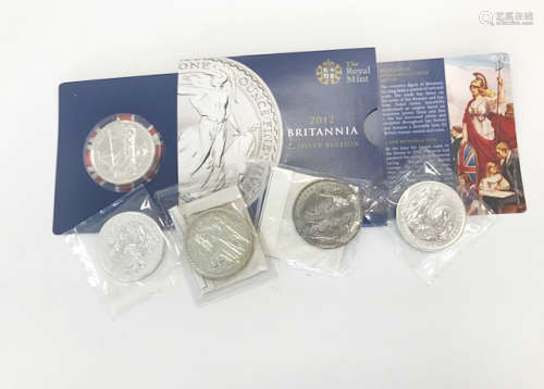 Five modern 1oz fine silver £2 coins, one 2012 in card packet, two 1999 in sealed bags, a 2001 and a