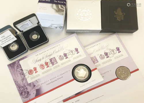 A group of Royal Mint and other silver proof and other coins and medallions, including a Queen