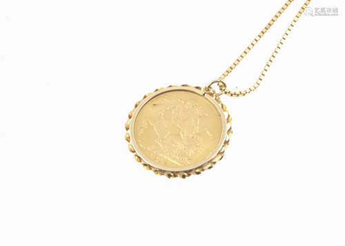 A George V full sovereign pendant, on a 9ct gold box link chain, sovereign dated 1913, 28cm