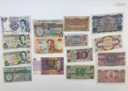 A collection of 15 British Armed Forces and other notes, including 8 BAF from a £5 to a 3p, a New