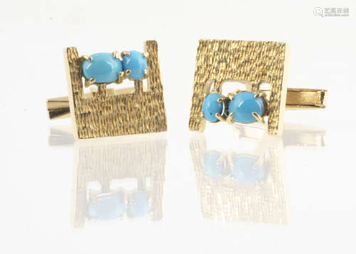 A pair of continental yellow metal and turquoise cufflinks, the square pierced fronts with two