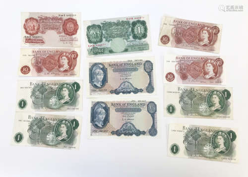 Ten British bank notes from the 1950s and 1960s, including O~Brien two £5, three £1 and two ten