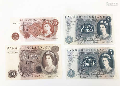 Four good 1960s bank notes, from Hollom, including a £10, A07 527695, two £5, A31 751476 and A31