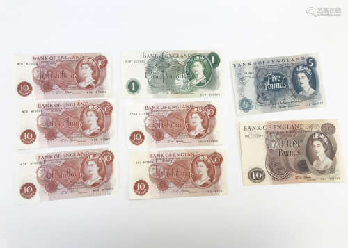 Eight 1960s British bank notes, from Fforde, including a £10, A81 727 068, a £5, a £1, two 10
