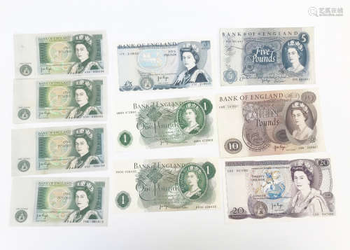 Ten 1970s British bank notes, from John Page, including £10, £5 and two £1, and later £20, £5 and
