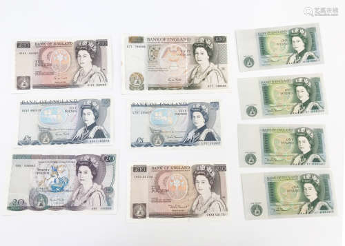 Ten 1980s British bank notes, including Somerset £10, £5 and four £1 (three consecutive), and a Gill