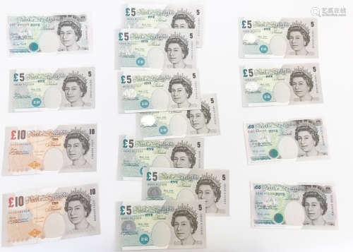 Fifteen modern British bank notes, including Butler two £10, twelve £5 (8 sequential and 2