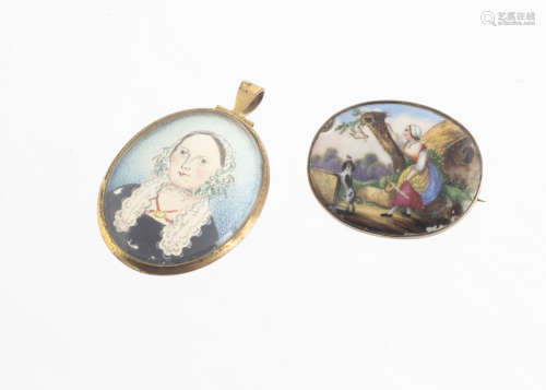A 19th Century continental oval porcelain brooch, on a gilt mount decorated with a young woman in