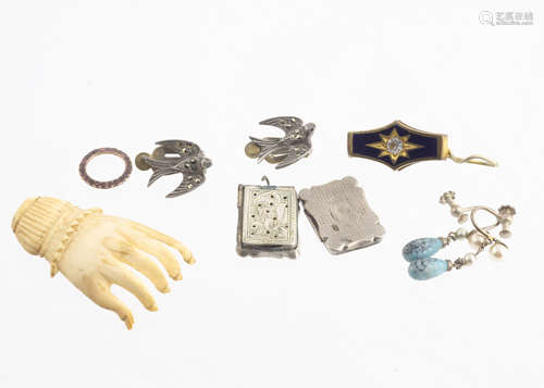 A collection of miscellaneous 19th Century jewels, including a bone carved hand, a pair of turquoise