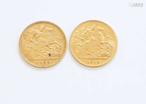 Two half gold sovereigns, an Edward VII dated 1905 and a George V dated 1914, VF (2)