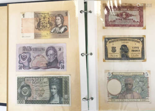 A collection of world bank notes, in two albums and some loose, including a Clydesdale £1, £5 and £