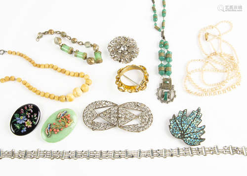 A collection of various costume jewellery, including an Art Deco simulated jade and coral brooch,