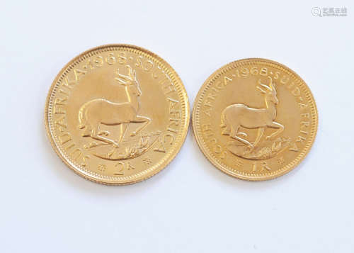 A 1960s South African gold two rand and a one rand coin, both dated 1968, 12g, EF (2)