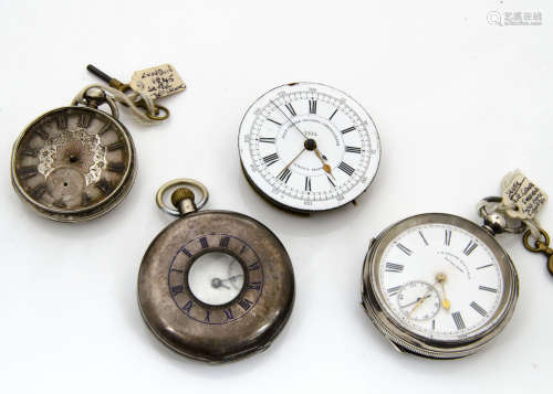 Three silver pocket watches and a pocket watch movement, all AF, one a half hunter from JW Benson (