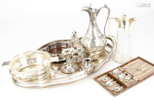 A collection of silver and silver plate, including a Sheffield plate tray, a cut glass and plated