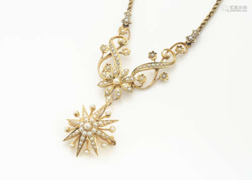 An Edwardian 15ct marked gold and seed pearl necklace, with detachable star drop pendant or