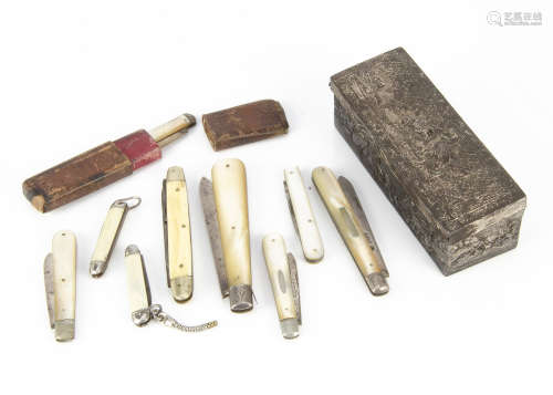 Five Victorian and later silver and mother of pearl pocket fruit knives, together with four