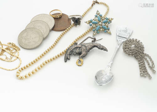 A collection of various gold and costume jewels, including an 18ct gold pearl and diamond ring,