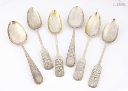 A pair of 18th Century style white metal table spoons, Old English pattern with bright cut design,