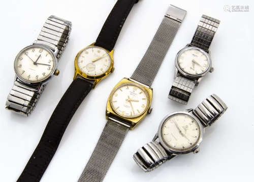 Five vintage gentlemens wristwatches, including a gold plated Rodania Sport and a Benson Supreme,